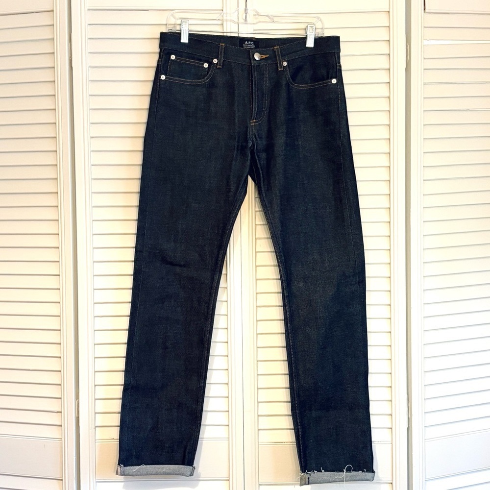 A.P.C. Selvedge Denim Dark Wash Jeans Slim Straight Leg Cuffed Raw Hem Size 30